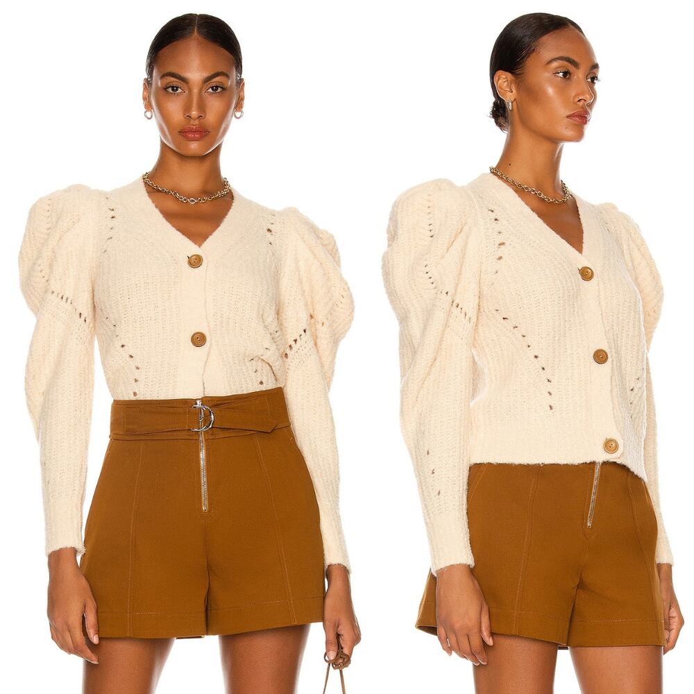 Ulla Johnson Emmy Knit Cardigan Puff Sleeve Sweater in Dawn Cream